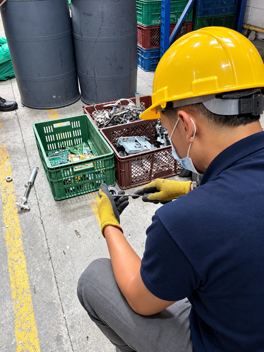 Trabajador clasificando tarjetas y componentes electrónicos