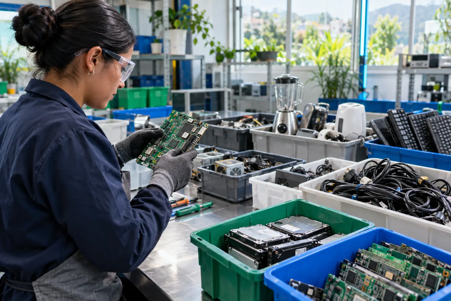 Técnica clasificando tarjetas electrónicas y equipos recuperados en un espacio organizado
