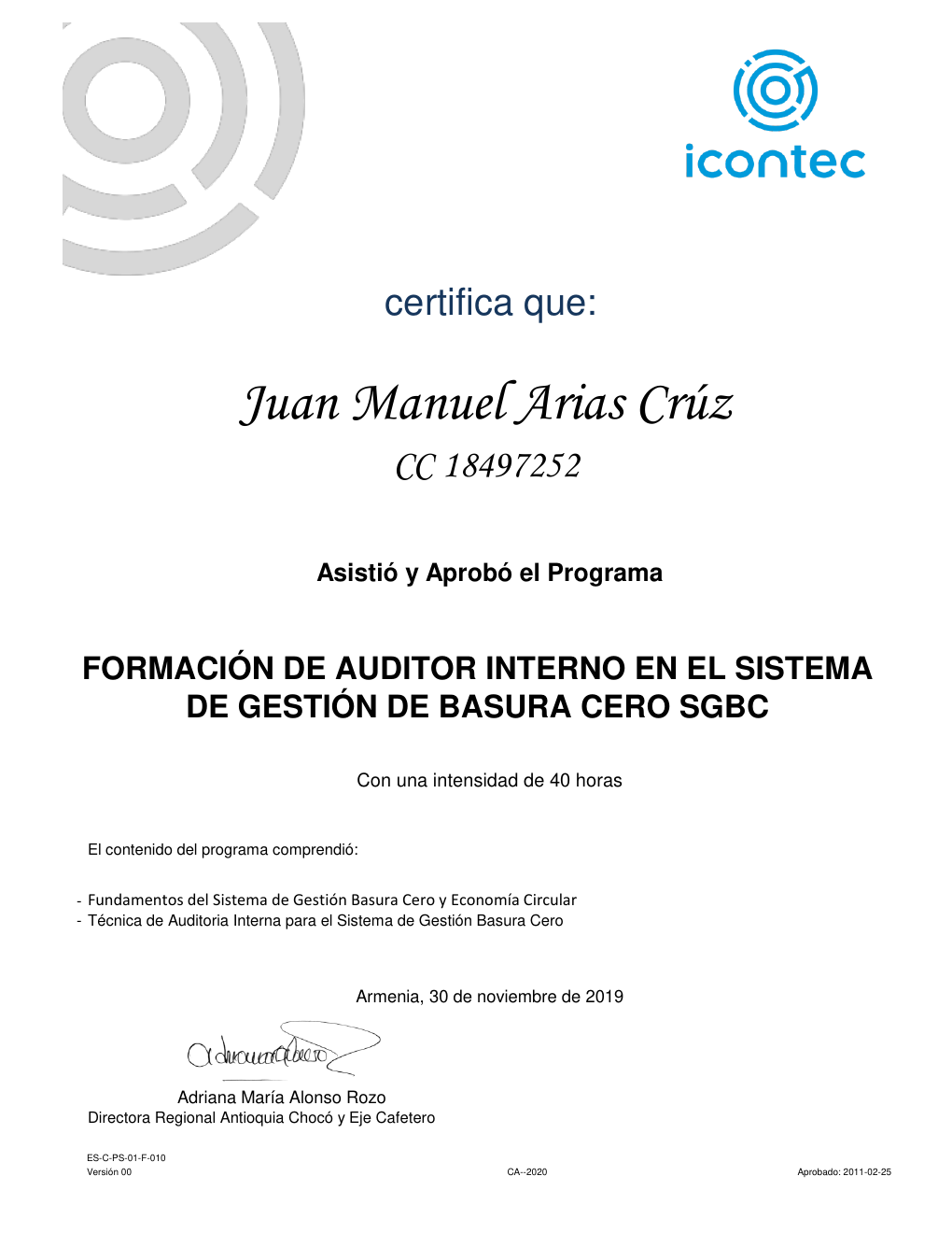 Vista previa del certificado ICONTEC de auditor interno en Basura Cero