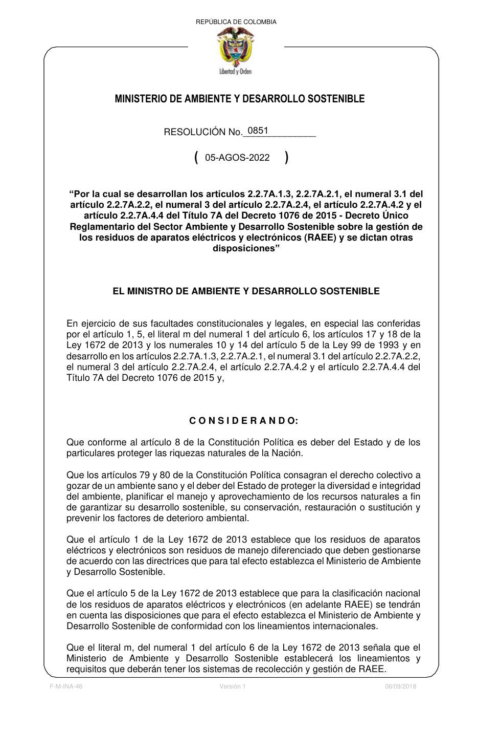 Vista previa de la Resolución 0851 de 2022